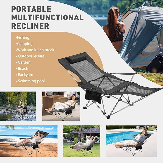 Reclining Camping Chair with Removable Footrest Adjustable Camping Lounge Beach Chair with Padded Headrest Cup Holder &amp Carry Bag Camp Chair with Foot Rest Lawn Chair for Outdoor Patio Black M