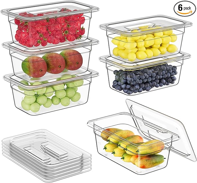 1/4 4'' 6 Pack Plastic Food Pans With Lids Clear Food Pan Commercial Stackable Polycarbonate Freezer-Safe for Fruits Vegetables Restaurant Kitchen
