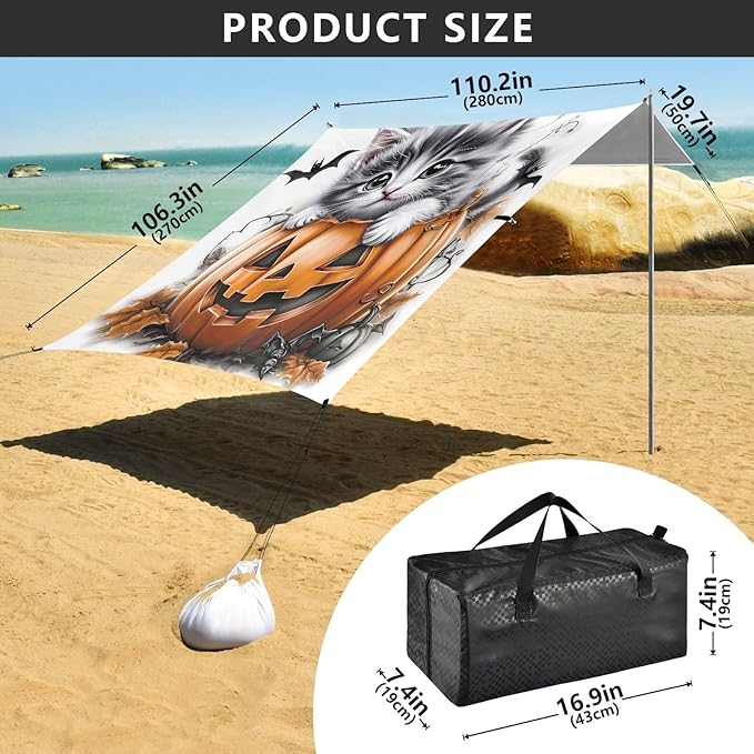 ALAZA Pumpkin Cat Bat Halloween Beach Tent Sun Shelter UPF50+ Protection Beach Shade Canopy w/ 4 Sandbags for Outdoor Camping Fishing Backyard Fun Picnic 10x9 ft