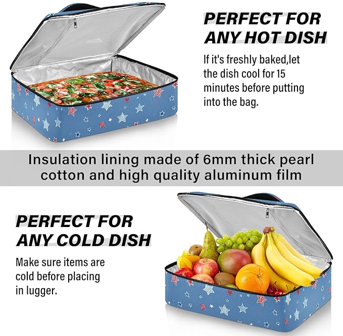 Casserole Carrier Red Blue Stripes StarsInsulated Casserole Carrier for Hot or Cold Food Thermal Lunch Tote for Potluck Parties Picnic Beach Fits 9 x 13 Inches Baking Dish