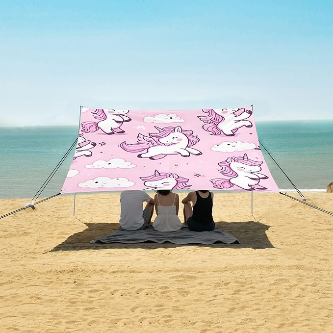 Cartoon Cute Dancing Unicorn Camping Sun Shelter Beach Tent Portable Beach Sun Shade Outdoor Canopy for Camping Trips Fishing Picnic