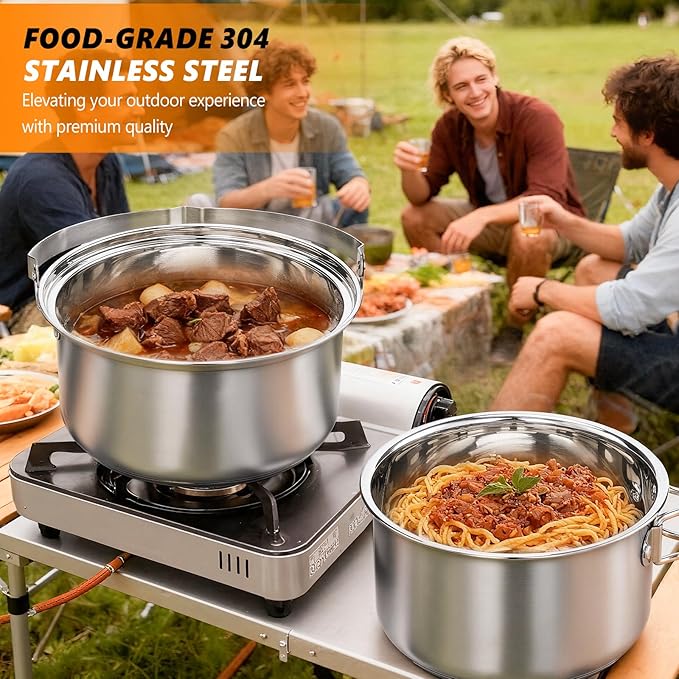 Bonnlo Camping Cookware Set Lightweight Stainless Steel Nesting Cooking Mess Kit with Carrying Bag for 4-6 Campfire CookingCamp Kitchen Outdoor