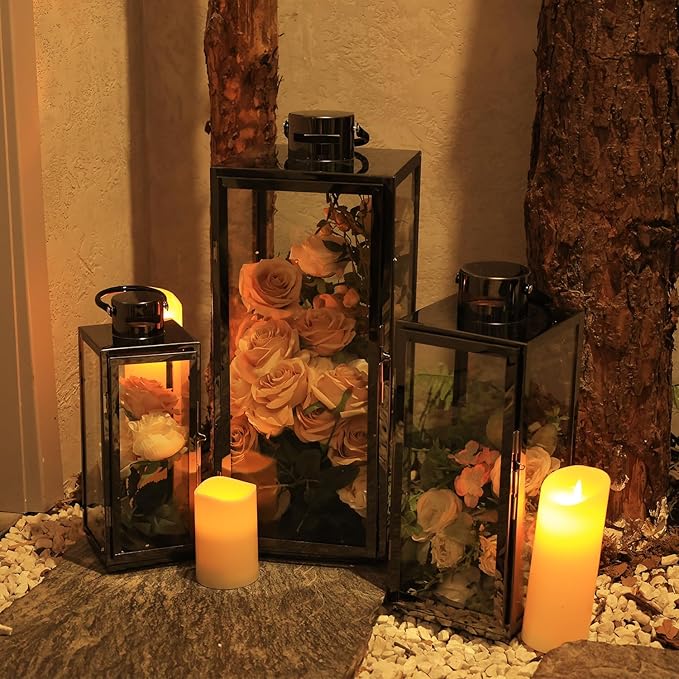 NEEDOMO Stainless Lanterns Decorative Outdoor &amp Indoor Set of 3 Outdoor Lanterns for Porch 25/ 19.5/15 Candle LanternStainless with Glass Vintage Farmhouse Patio Pathway Garden Christma