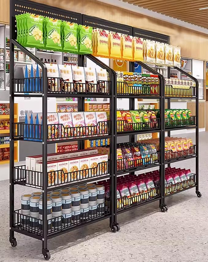 Convenience Store Shelf Cart 4 Tier Supermarket Portable Display Rack for Snacks/Drinks/Can/Toys with Hooks &amp Wheels Commercial Home Carbon Steel Frame Black-4 Tier-50x27x140cm