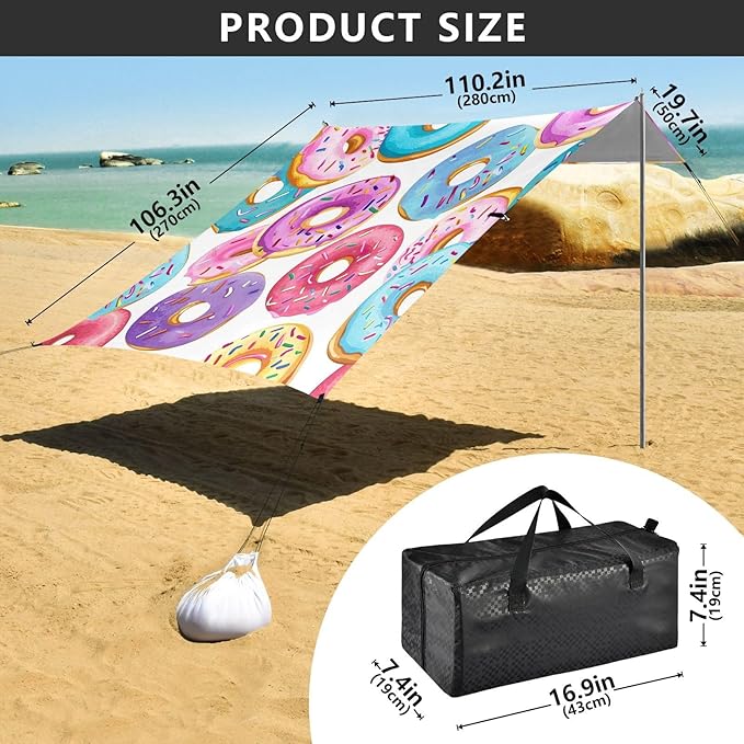 Colorful Donut Beach Tent Sun Shelter 9.2' x 10.5' Beach Canopy with 4 Sandbags 4 Stability Poles Sand Shovels - Tent Canopy for Beach Camping Fishing Picnics