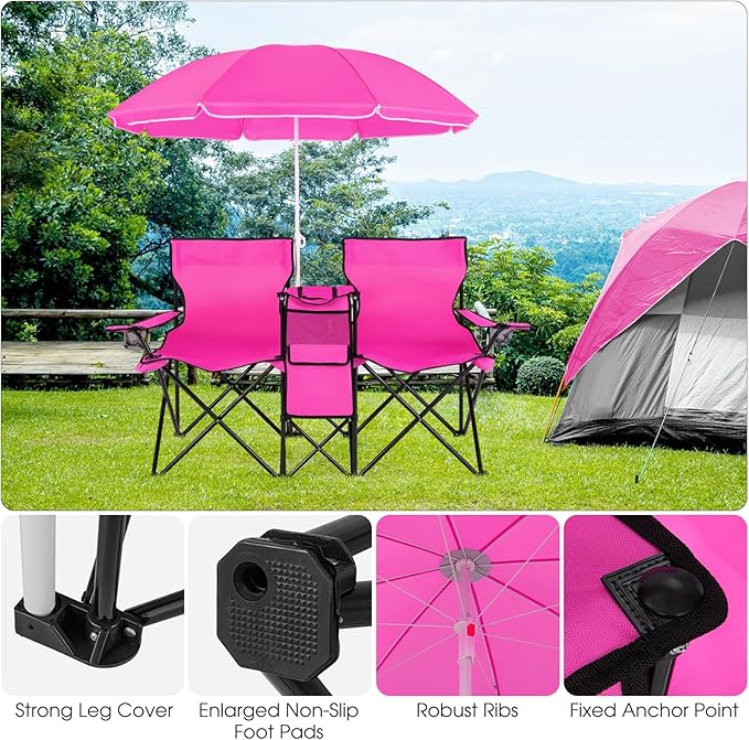 Beach Chair with Umbrella Portable Camping Chair with Cooler Bag Cup Holders Side Pocket Carrying Bag Double Folding Chair for Picnic Patio Canopy Outside (Pink)