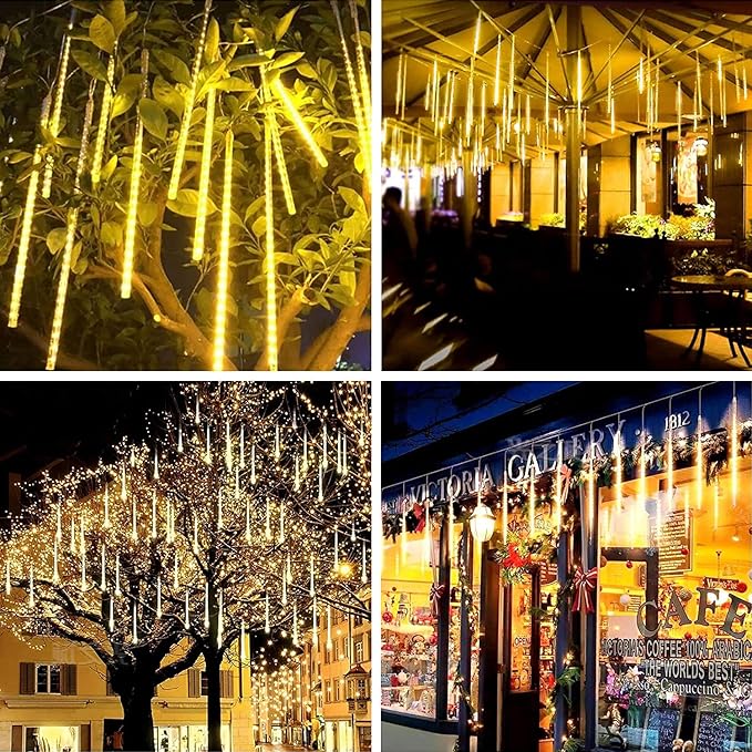 QITONG 2 Pack Extendable Meteor Shower Christmas Lights 16 Tubes 384 LEDs Plug in Christmas String Light Falling Rain Snowfall Light Cascading Lights for Xmas Tree Wedding Party (Warm White)