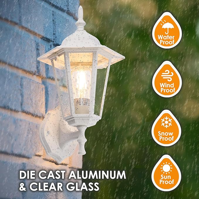 GruenlichOutdoor Wall Lantern Wall Sconce as Porch Lighting Fixture with E26 Medium Base Aluminum Housing Plus Glass Water-Proof Rated Bulb Not Included White Finish 2 Pack