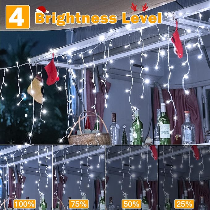 Ollny Icicle Lights Outdoor Cool White 600LED 49FT Christmas Lights with Remote 8 Modes Dimmable Waterproof Connectable Timer Hanging Light for House Outside Yard Indoor Decorations