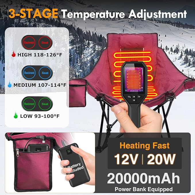 Slendor Oversized Heated Camping Chair with 2000mAh Battery Padded &amp Pillow Heated Rocking Chair 3 Adjustable Heat Settings Camping Rocker Chair for Easy Setup and Foldable Storage