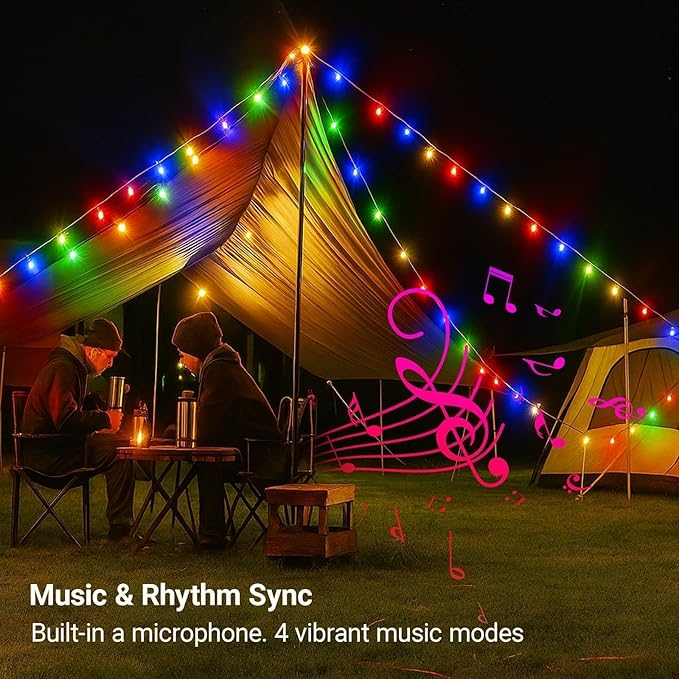 C9 Christmas Lights Outdoor 33FT 50 LED RGB Color Changing BulbsApp Bluetooth Music Sync DIY Scenes &amp Timers Connectable to 198FT IP44 Waterproof Roofline Eaves Porch Fence Decorations