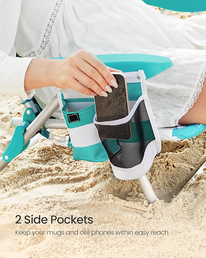 SONGMICS Portable Backpack Beach Chair 331 lb Capacity 4 Angles Adjustable Backrest 2 Side Pockets Towel Bar Green and White UGCB62JW