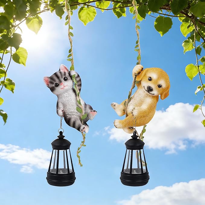 Set of 2 Solar Hanging Statue Outdoor Resin Black White Cat &amp Golden Retriever Dog Figurine with LED Lights Animal Ornament for Garden Fence Porch Patio Yard Decor