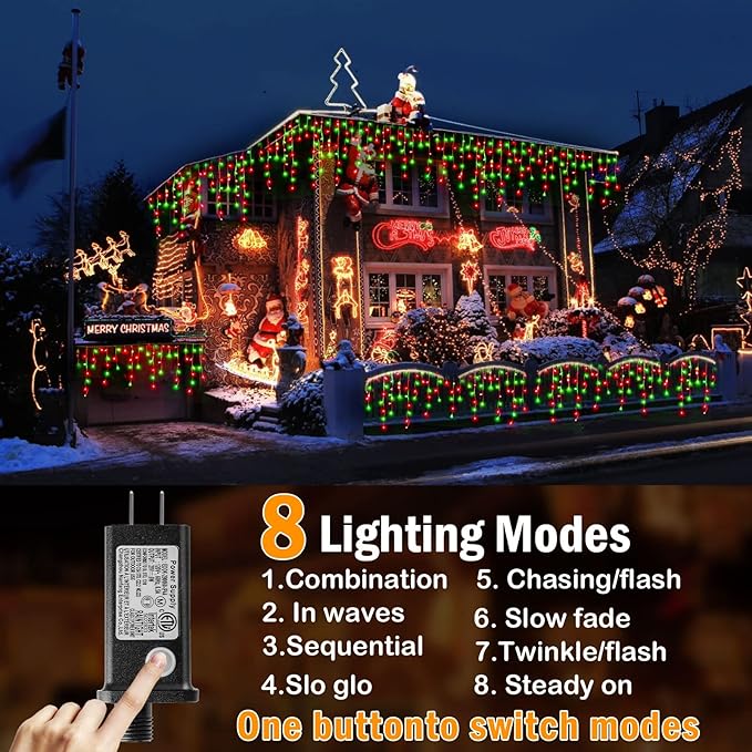 KNONEW 99ft 1216 LED Christmas Lights Outdoor Decorations with 228 Drops 8 Modes Curtain Fairy Light Clear Wire LED String Light Decor for Wedding Party Christmas (Red and Green)