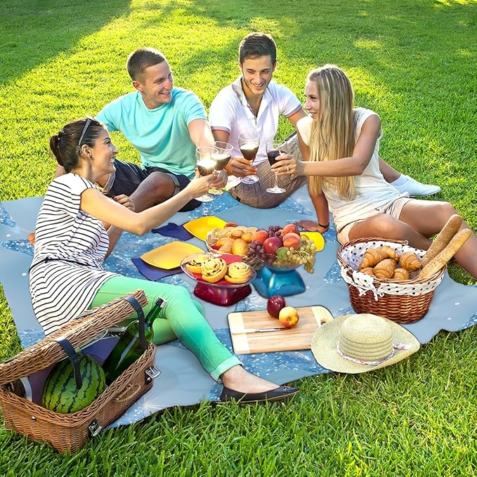 Waterproof Sandproof Beach Blanket 59''×68'' Five Pointed Star Polyester Outdoor Picnic Blanket with 4 Stakes &amp Storage Bag for BeachCampingVacation Ice Blue