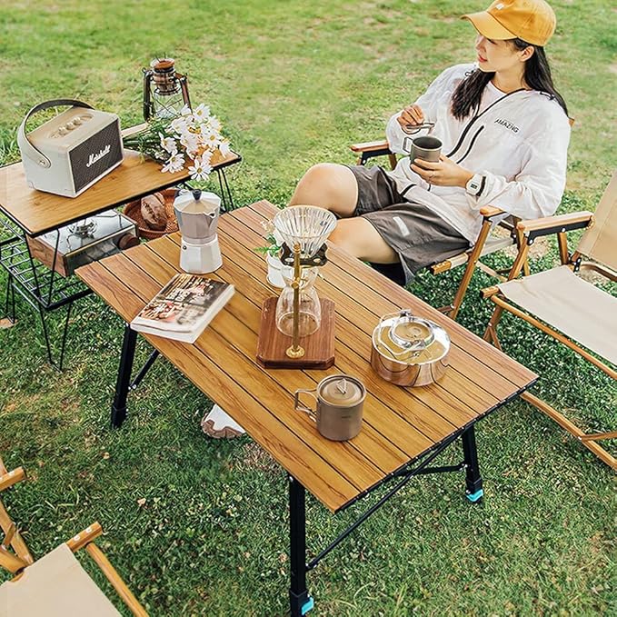 Folding Camping Table Height Adjustable Portable Imitation Wood Grain Aluminum Camp Table Desk Lightweight Durable Roll Up Picnic Tables