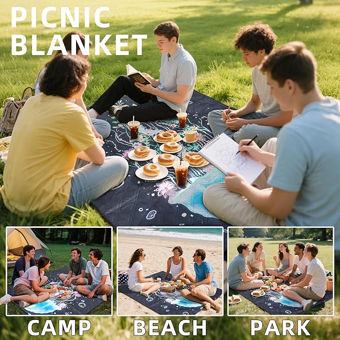 60x80” Double Thickened Picnic Blankets(150g High Density Cotton Stuffed) Jellyfish Pattern Outdoor Picnic Mat Portable Picnic Blanket Foldable with Leather Carry Strap Beach Blanket
