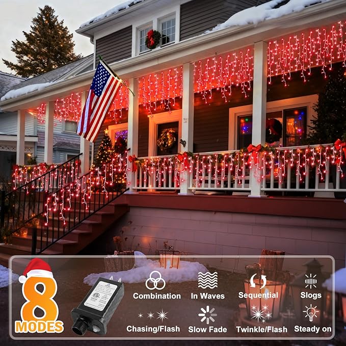 KNONEW Christmas Lights Outdoor Decorations 400 LED 33ft 8 Modes Curtain Fairy String Light with 75 Drops Clear Wire LED Hanging Light Decor for Wedding Party Holiday Christmas Decorations (Red)