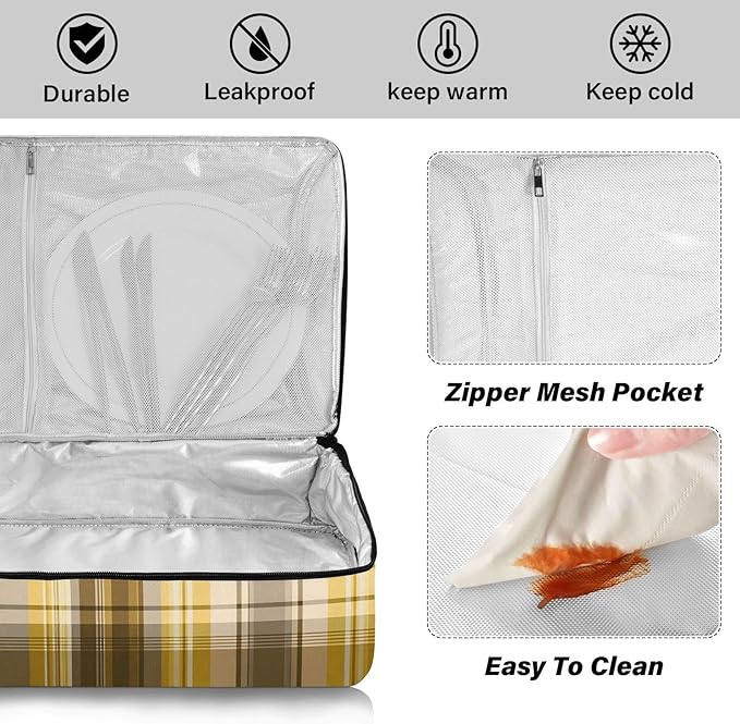 Casserole Carrier Yellow Brown Tartan Print Insulated Casserole Carrier for Hot or Cold Food Thermal Lunch Tote for Parties Picnic Travel Carry Bag