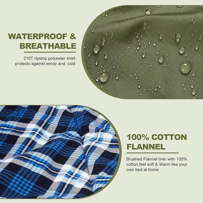 AGEMORE Cotton Flannel Double Sleeping Bag with Fleece Lined Hood Waterproof Queen Size 2 Person Sleeping Bag for Adults Cold Weather Camping Backpacking or Hiking 3-4season