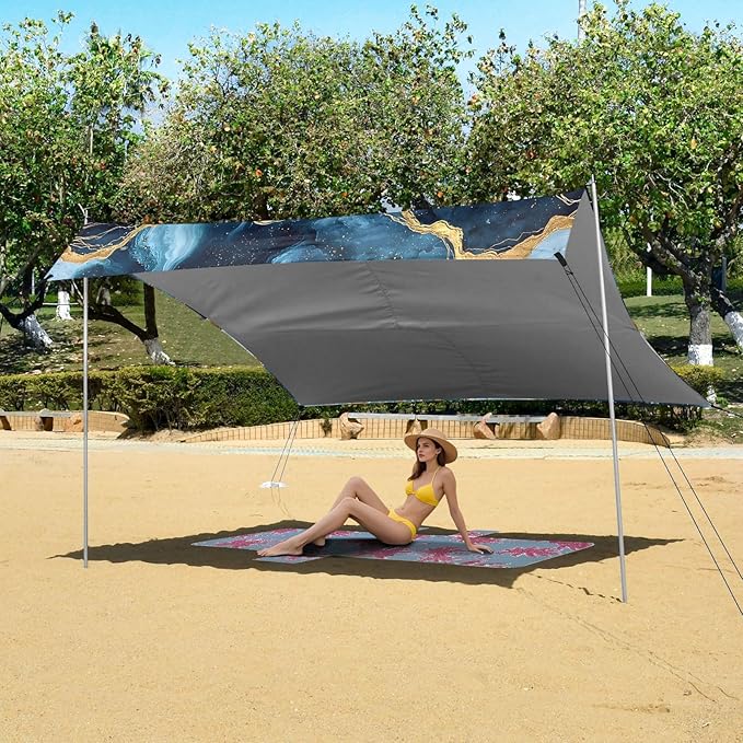 ALAZA Blue &amp Gold Marble Beach Tent Sun Shelter UPF50+ Protection Beach Shade Canopy w/ 4 Sandbags for Outdoor Camping Fishing Backyard Fun Picnic 10x9 ft