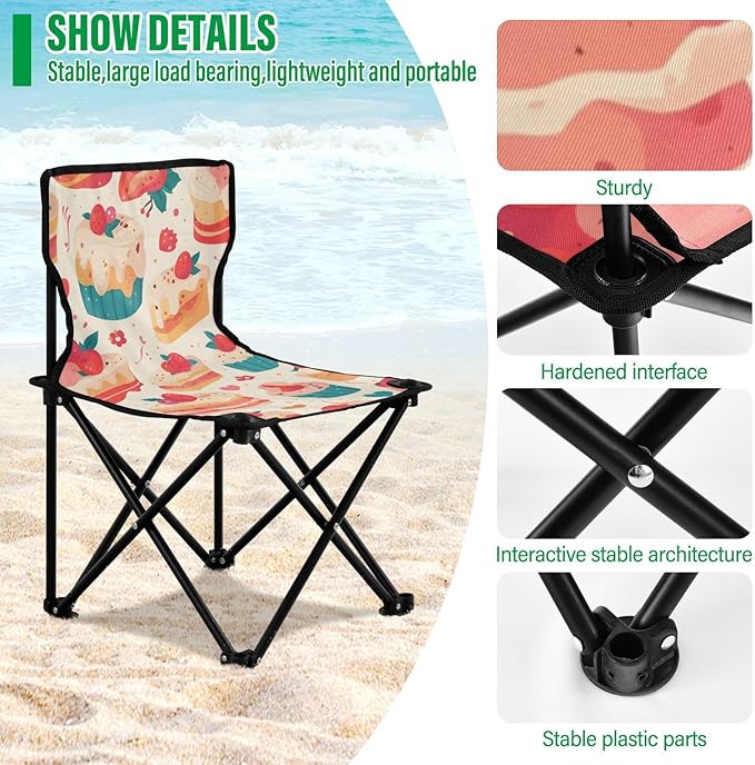 Cupcakes Portable Camping Chairs Folding Chair - Durable Oxford Fabric Lightweight Iron Frame Easy Fold Design - Ideal for Outdoor Activities Camping Fishing and Travel