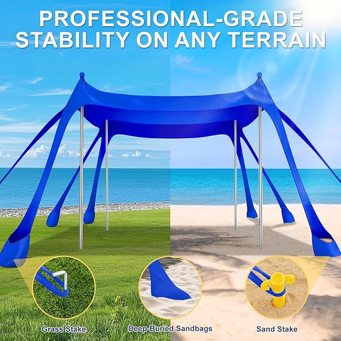 Beach Tent Sun Shelter UPF 50+10x10 FT Beach Canopy Tent Sun ShadePop Up Beach Canopy with 8 SandbagsOutdoor Beach Shade for Camping Trips Fishing Backyard Fun Picnics (Royal Blue)