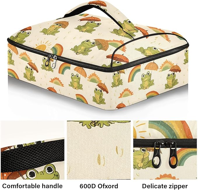 Casserole Carrier Adorable Frog Holding UmbrellasInsulated Casserole Carrier for Hot or Cold Food Thermal Lunch Tote for Potluck Parties Picnic Beach Fits 9 x 13 Inches Baking Dish