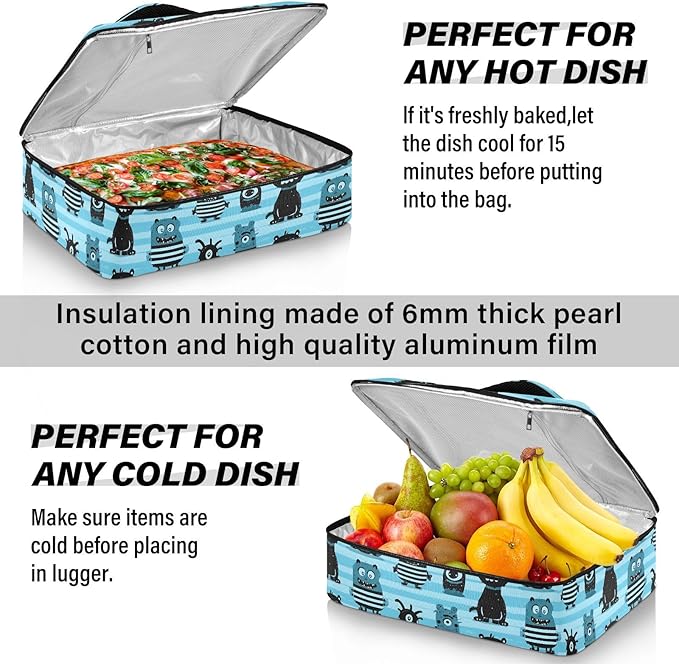Casserole Carrier Cartoon MonstersInsulated Casserole Carrier for Hot or Cold Food Thermal Lunch Tote for Potluck Parties Picnic Beach Fits 9 x 13 Inches Baking Dish