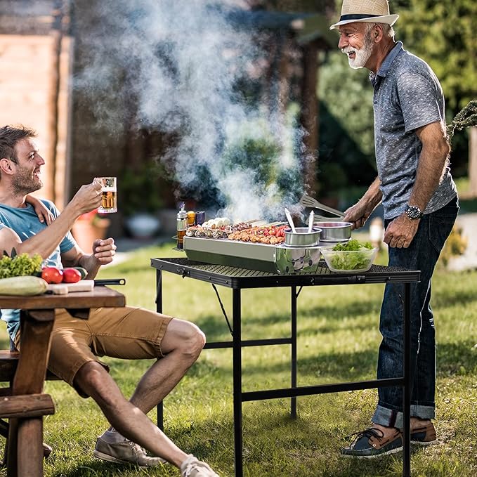 Folding Grill Table Camping Table with Mesh Desktop Lightweight 3 FT Metal Table for Outside Height Adjustable Portable Grill Tables for Camping Picnic Beach and BBQ RV
