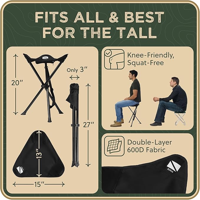 Foldable Tripod Stool - Ultra Portable Seat for Tall People 20” High - Hunting Chair &amp Hidden Zippered Pocket - 2 lb Camping Stool 3 Legged Strong Steel Stool Holds up to 200 lb (Black)