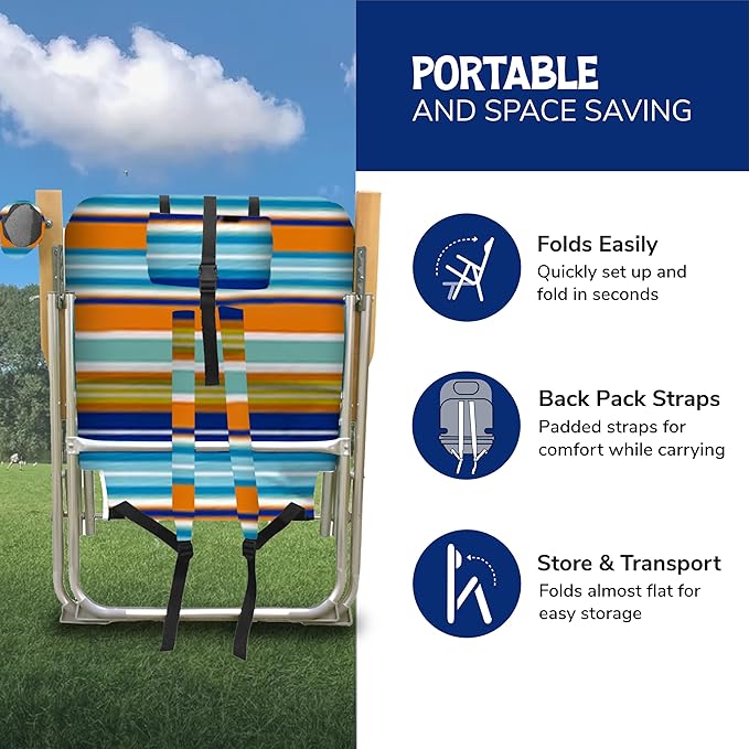 Cabana Beach Folding Beach Chair 4 Position Portable Backpack Foldable Camping Accessories with Headrest Cup Holder and Wooden Armrests Bold Candy Stripe