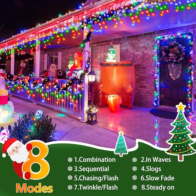 Hezbjiti 400LED Christmas Icicle Lights - 33FT Dark Green Wire with 8 Modes &amp 75 Drops for Outdoor Decor