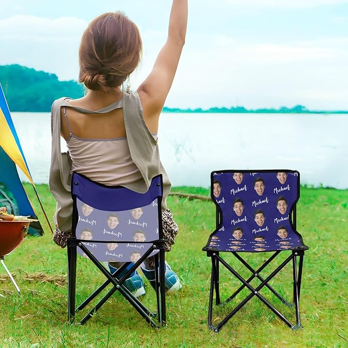 Sinestour Midnightblue Custom Photo Folding Camping Chair for Teen Child Personalized Name 14.6×14.6in Portable Outdoor Chair with Carry Bag for Travel Barbeques Picnic