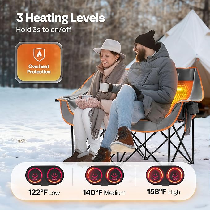 VIVOHOME 45W Padded Heating Double Camping Chair with 2 x 27000mAh Power Bank Heated Oversized Portable Loveseat for Outdoor Sports 3 Levels of Heat Overheat Protection System Orange and Gray
