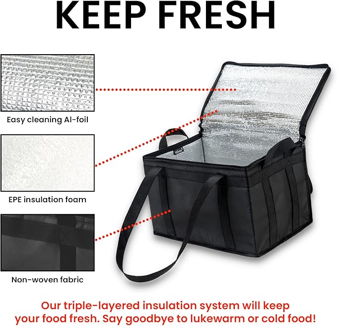 NZ home Insulated Bags for Food Delivery (Large) Grocery Shopping Cooler Bag Pizza Delivery Hot &amp Cold Catering Tote Reusable Foldable &amp Heavy Duty (2 Pack Black)