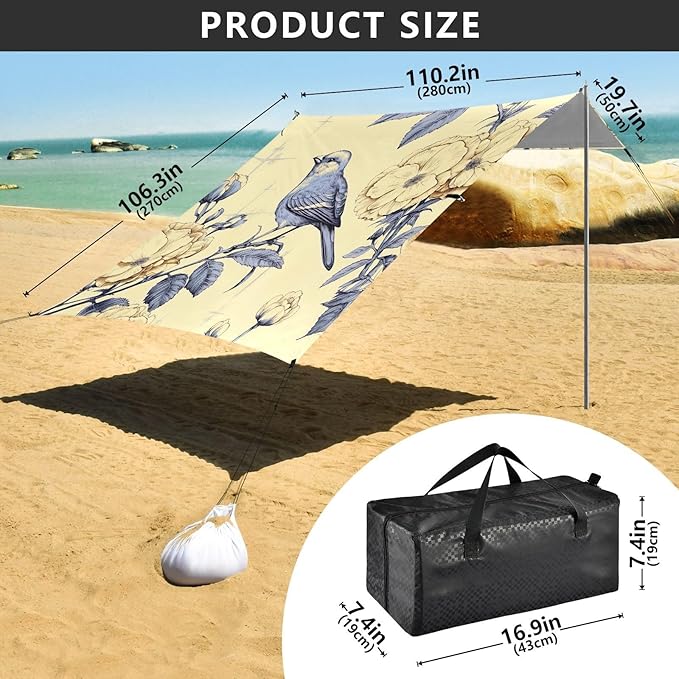 Bird Beige Beach Tent Sun Shelter 9.2' x 10.5' Beach Canopy with 4 Sandbags 4 Stability Poles Sand Shovels - Tent Canopy for Beach Camping Fishing Picnics