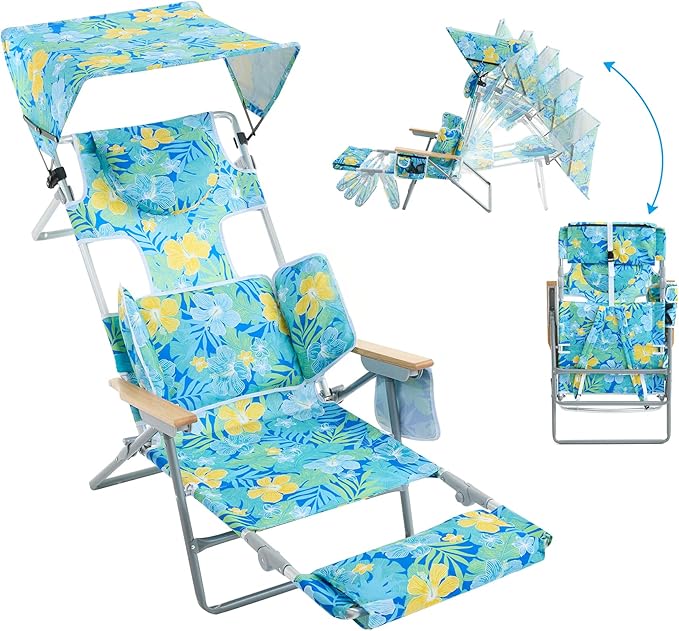 Oversized Heavy Duty Backpack Beach Chair with Sun Canopy Reclining Lounge Chair Tanning Chair with Face Hole 5-Position Foldable Camping Chair for Outdoor Sunbathing Beach Patio Pool (Yellow/Green)