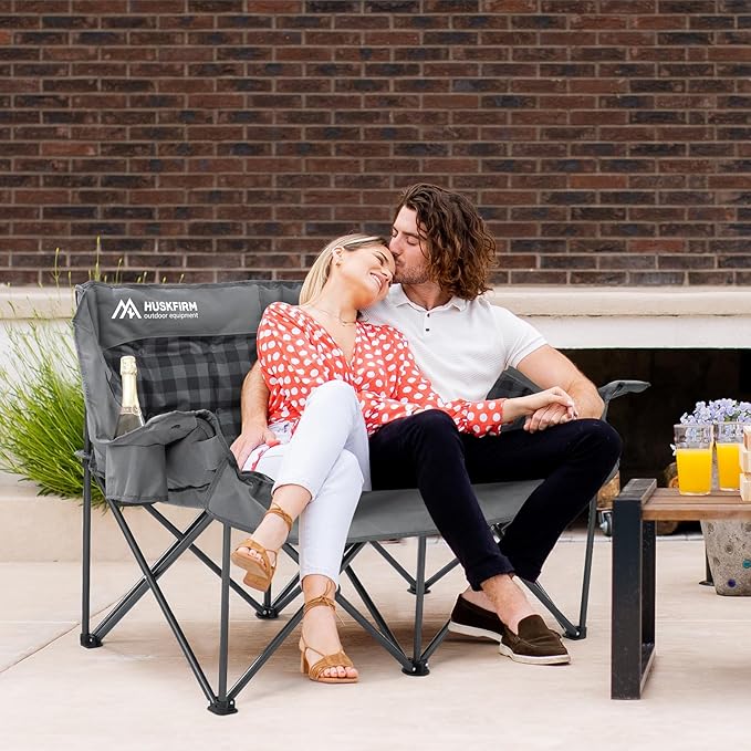 Double Camping Chair Padded 2 Person Camping Chair Camping Loveseat - Heavy Duty Oversized Camping Couch for Adults Outdoor Lawn Beach - Portable Folding Sofa with Cup Holders and Carry Bag Grey