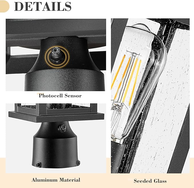 Emliviar Dusk to Dawn Post Light Outdoor 1-Light Exterior Pole Lamp for Porch Outside Pillar Lantern with Photocell Sensor Black Finish with Seeded Glass 1803EW1-P PC