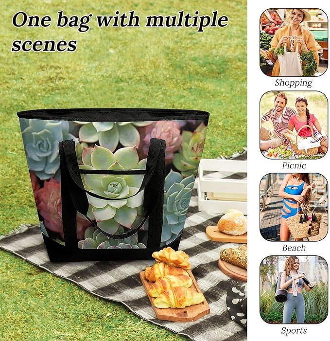 Insulated Shopping BagLarge Reusable Cooler Bags Cactus Succulents Printed Foldable Shopping BagTravel Waterproof Shoulder Bag