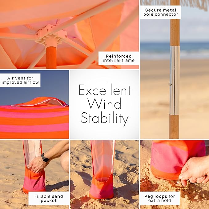 Premium Beach Cabana - Umbrellissimo Navy &amp Orange. Includes Sand Anchor Designer Canvas Prints &amp Fringe finishes Sand Pockets pegs Matching Carry Bag. Easy Set up 6.6'x6.6' of Cool UPF50+