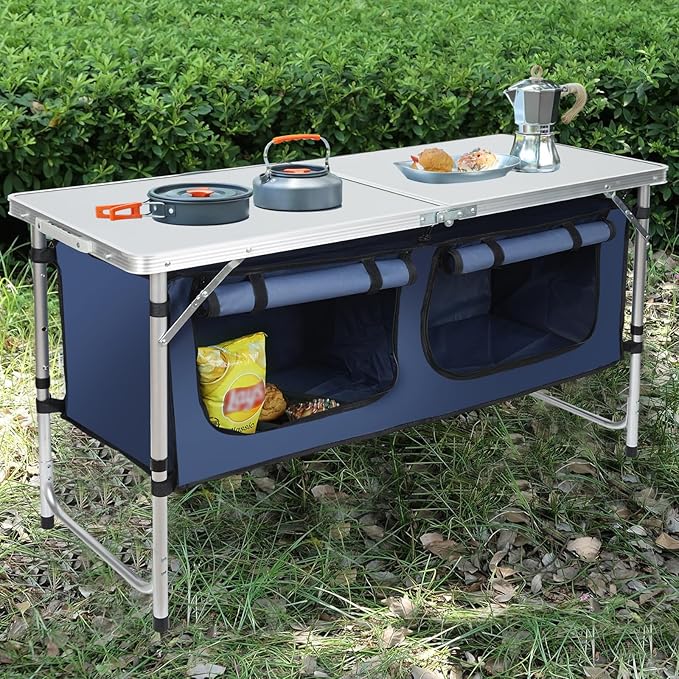 Camping Table Folding Camping Table with Storage Portable Lightweight 3 Height Adjustable Aluminum Outdoor Table for BBQ Picnic Camping Hiking Beach and Indoor Blue