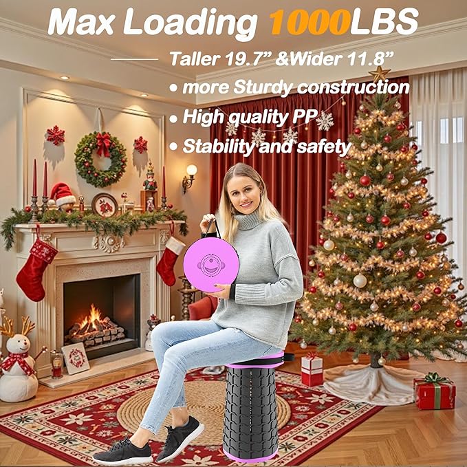 ALEVMOOM 2026 Upgraded XXL 19.7 Collapsible Stool with Cushion 1000lbs Max Weight Heavy Duty Portable Telescoping Stool Retractable Seat Folding Chair for Camping Fishing Hiking(Purple-XXL)
