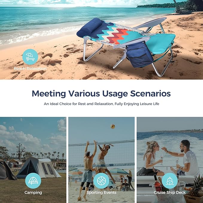 LET'S CAMP Backpack Beach Chair Set of 2 4-Position Classic Lay Flat Pillow and Padded Shoulder Straps Storage Pouch and Towel Bar Support 250LBS Wave