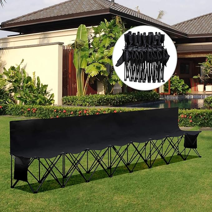 Yaheetech Portable &amp Folding 8 Seats Sports Bench Outdoor Sits Team Sideline Soccer Bench Waterproof w/Side Bag - Black