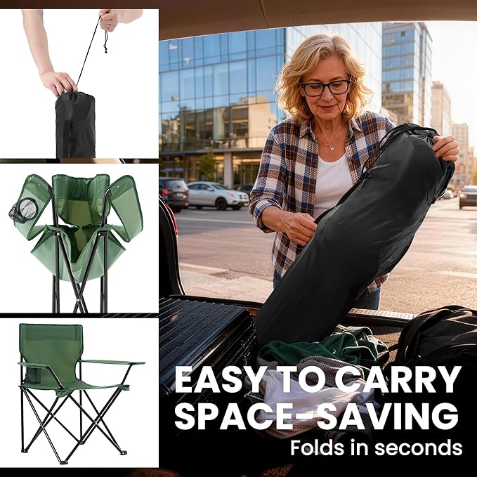 Folding Camping Chairs 2 Pack for Adults 300LBS Capacity Foldable Portable Lawn Chairs with Carry Bag Compact Design for Camp Beach Picnics and Outdoor (Green)