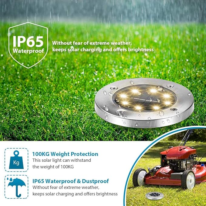 Aogist Solar Ground Lights - 12 Pack 8 LED Waterproof Outdoor Disk Lights for Pathway Yard Walkway Patio Lawn Path (Warm White)