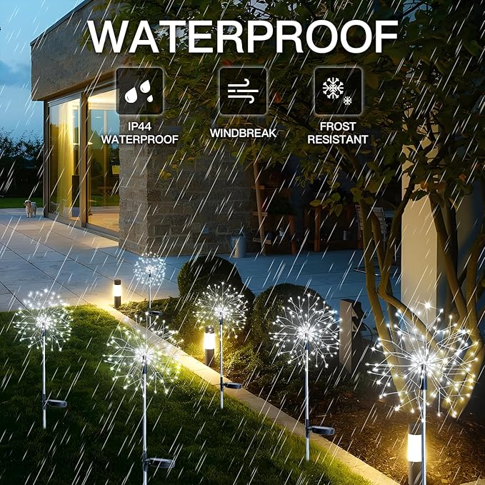 suddus Solar Garden Lights Outdoor Waterproof Decorative 2Pack 150LED Firework Lights Solar Fairy Lights for Yard Garden Party Patio Pathway Flowerbed - White