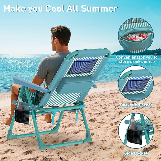 Suteck Backpack Beach Chairs for Adults 2 Pack 6-Position Folding Reclining Chair with Cooler Bag &amp Cup Holder Lightweight Portable Beach Chair for Camping Outdoor Sand Travel Use